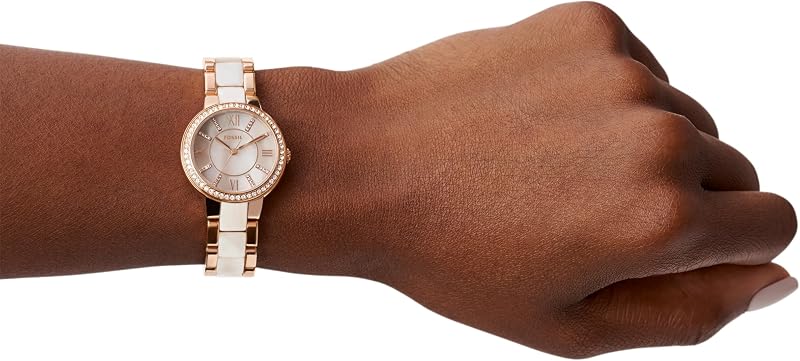 Virginia Uhr für Damen, Quarzwerk mit Edelstahl- oder Lederarmband, Roségoldton und Perlton mit Glitter, 30MM