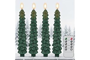 KunSwenn Christmas Tree Candles Battery Operated with Remote Timer, 4 Pcs Christmas Tree Flameless Taper Candles with 3D Flickering Flame, Green LED Tree Candlesticks for Christmas Home Winter Decor
