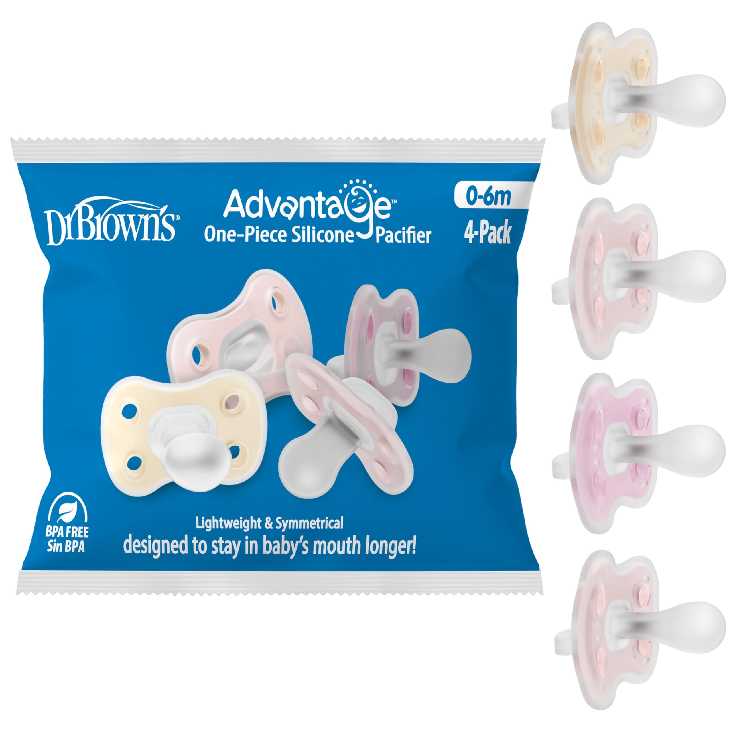 Dr. Brown's Advantage One-Piece Silicone Baby Pacifier, 0-6m, 4-Pack | Ecru/Light-Pink/Pink, Pack of 4 Fully Symmetrical Sili