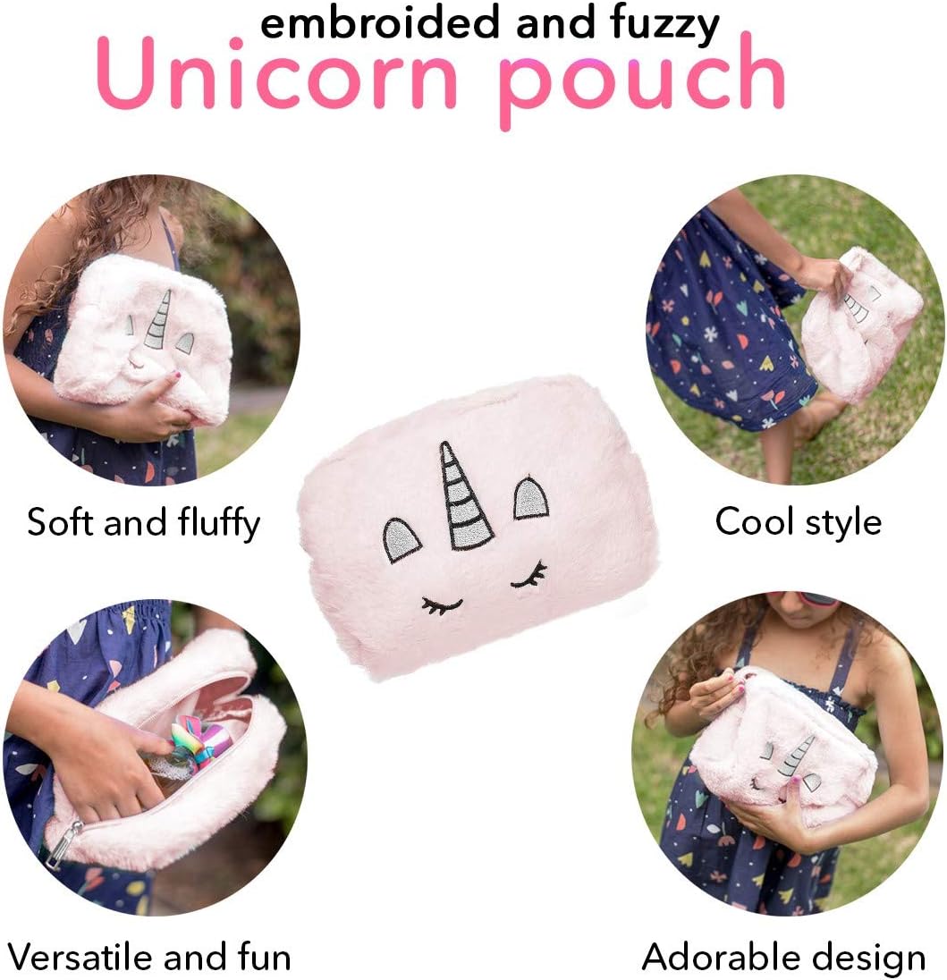 HUGMO Fuzzy Embroidery Unicorn Travel Makeup Pouch, Large Capacity Toiletry Bag Fits Essentials for Women and Girls (Pink) - Image 5
