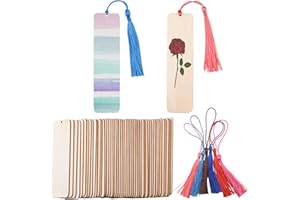 100 Pcs Wooden Blank Bookmarks and Tassels, 50 Pcs Unfinished Wood Book Marks with Holes and 50 Pcs Colorful Tassels, String 