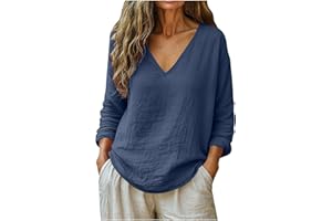 Frostluinai Linen Shirts for Women Long Sleeve V Neck Loose Tops Summer Beach Boho Casual Peasant Blouse