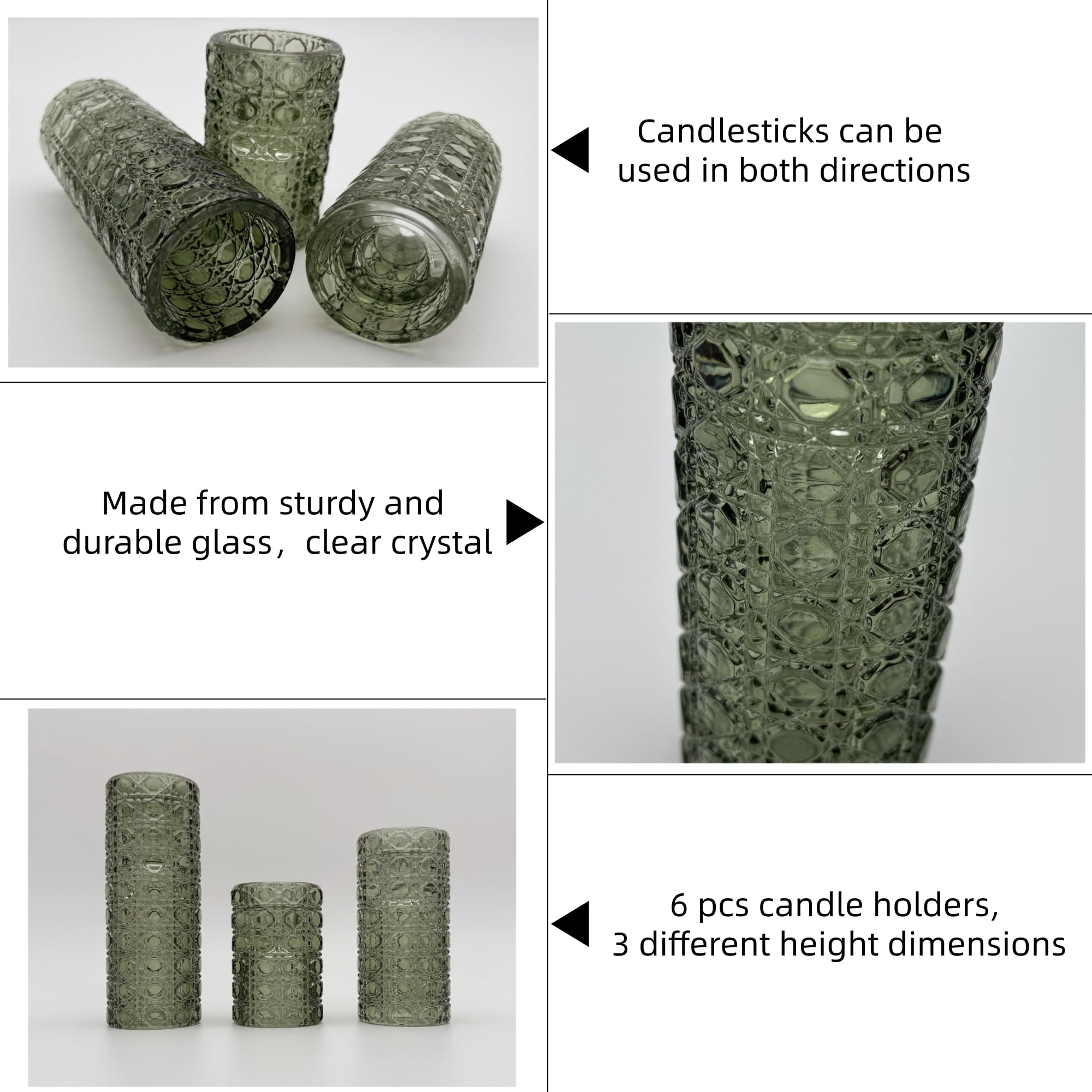 Green Glass Candle Holders Set, 6 Pack Clear Candlestick Holders 3 in 1 Crystal Candleholder Pillar Candle Stands, Tealight & Votive Candle Holder Home Decor Table Centerpieces Christmas Wedding