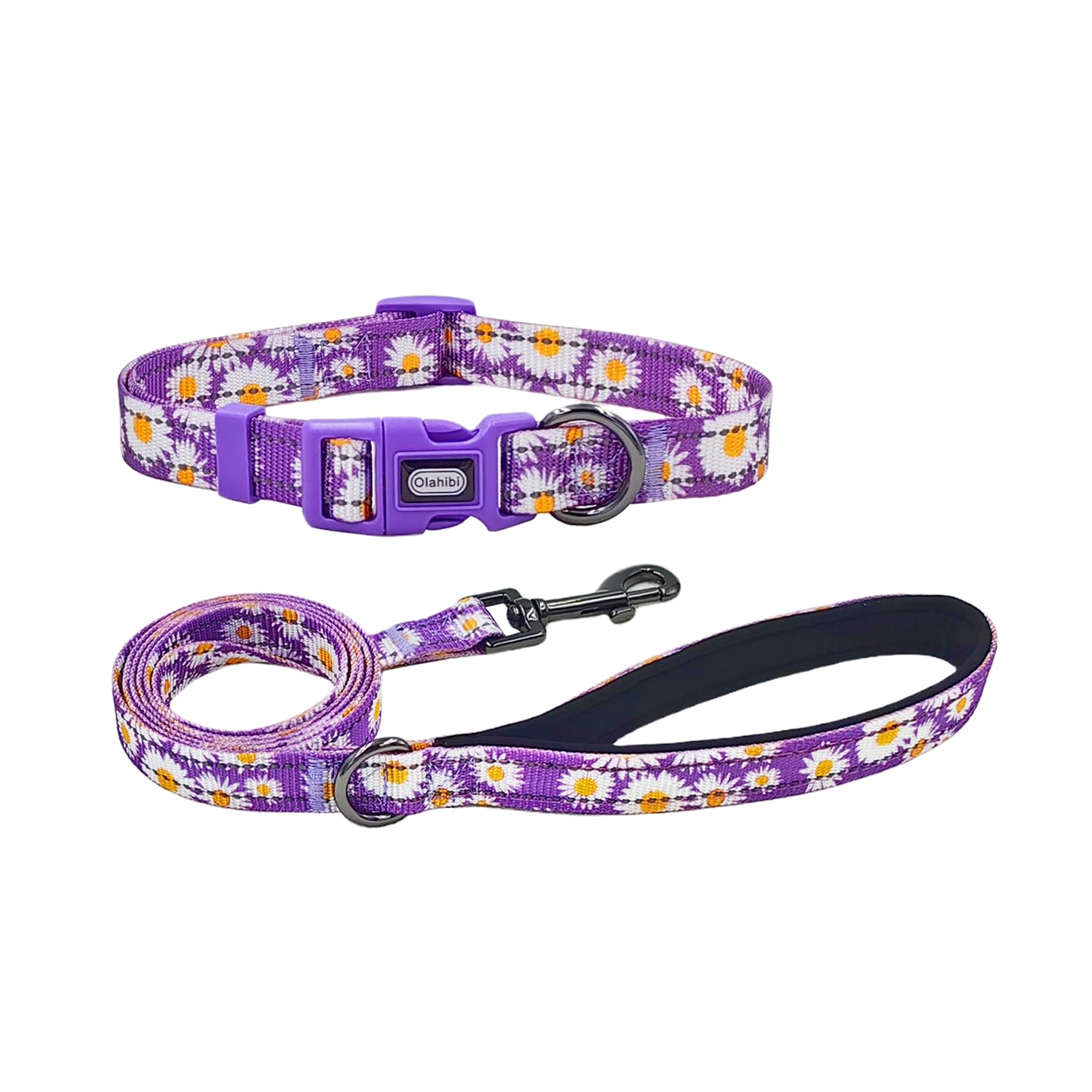 Olahibi Dog Collar and Leash Combo Set, Cute Daisy Pattern, Polyester Material, with Reflective Stripes, 150CM Leash, for Medium Dogs.(M, Purple) — image 1