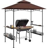 Outsunny 8' x 5' Grill Gazebo, 2-Tier Outdoor BBQ Gazebo Dark Brown | Ceiling Hook, 2 Side Shelves, Grill Canopy, Storage Baskets, Patio Deck Yard