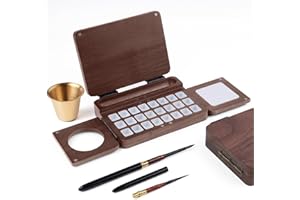 Fuumuui Travel Watercolor Palette 24 Grids Foldable with 2pcs Sable Travel Watercolor Brushes, Portable Walnut Wood Palette Box for Plein Air Painting