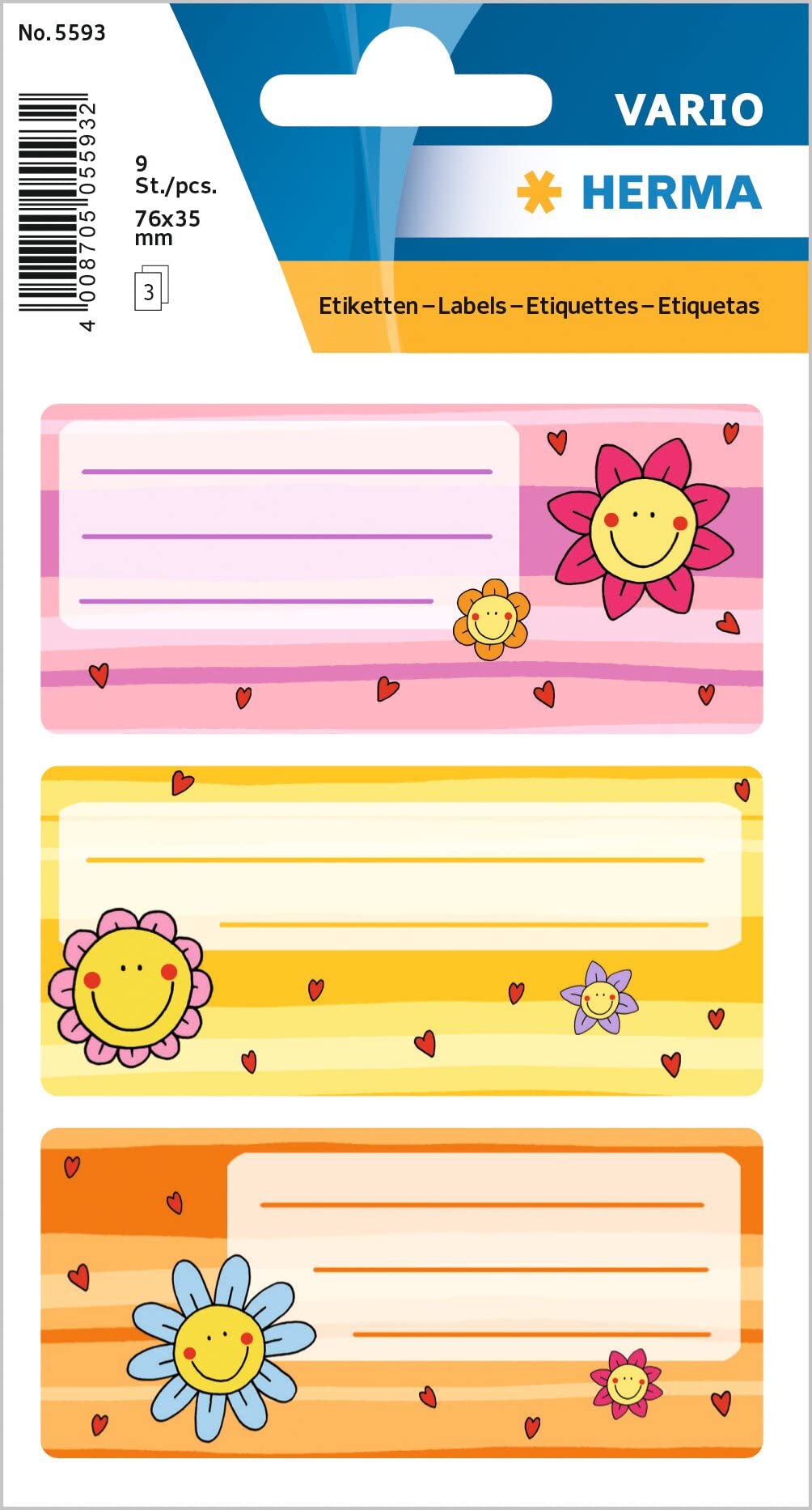 HERMA 5593 Book Labels for Writing Flower Faces 9 Pieces 76x35mm Self-Adhesive Lined Book Stickers for School Kids Girls Boys Multicoloured Notebook Labels Stickers Colourful