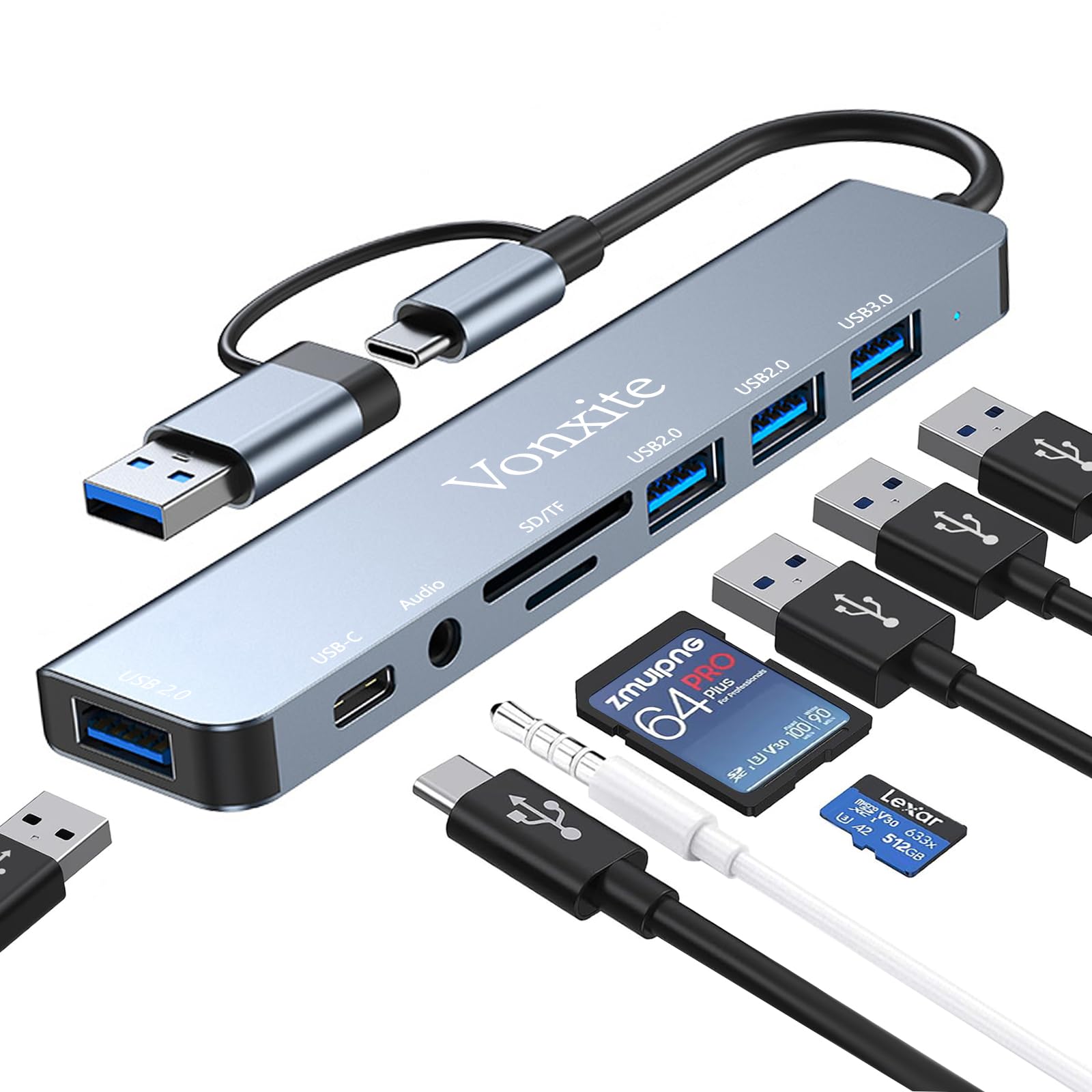 USB C Adapter 8 in 1, USB Hub Multiport Adapter with Type C Data Ports, USB-A 3.0, 3*U SB 2.0, SD/TF Card Reader, 3.5mm Headphone Jack, Type C Hub Docking Station for Smartphones/Laptops/Pad/Switch