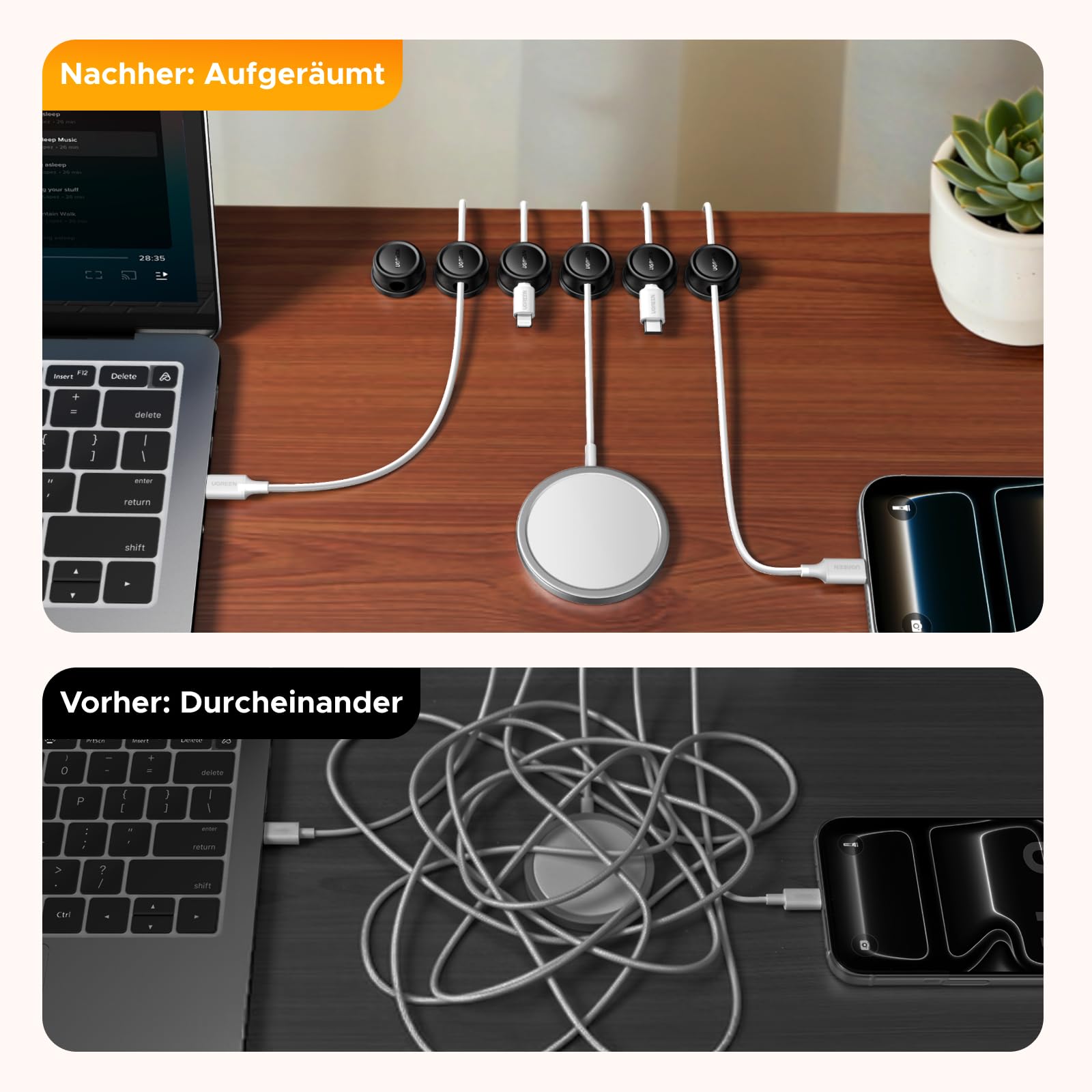 UGREEN 6 Stück Magnetische Kabelhalter Kabelclips 360°Drehbar, Kabelhalter Selbstklebend, Verstellbarer Kabel Organizer, Kabelmanagement für Ladekabel Netzkabel, Kompatibel mit Kabel bis zu 7,5 mm 5