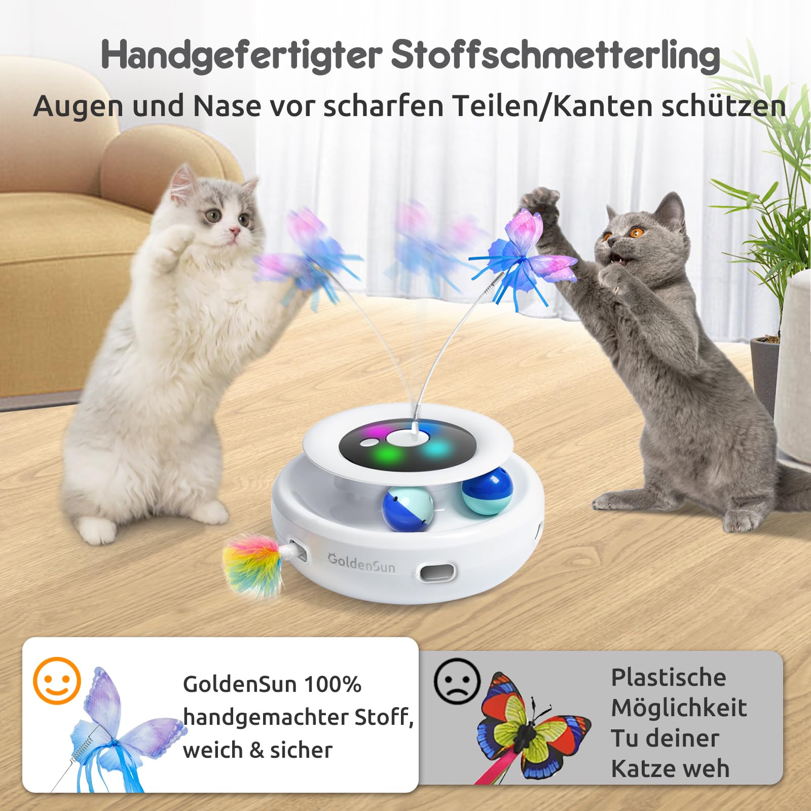 GoldenSun Katzenspielzeug, 3 in 1 Elektrisch Interaktives Automatischer Spielzeug für Katzen, Whack-A-Mole, Fluttering Butterfly, inklusive Ball, USB Wiederaufladbar Katzen Teaser mit 4 Aufsätzen 5