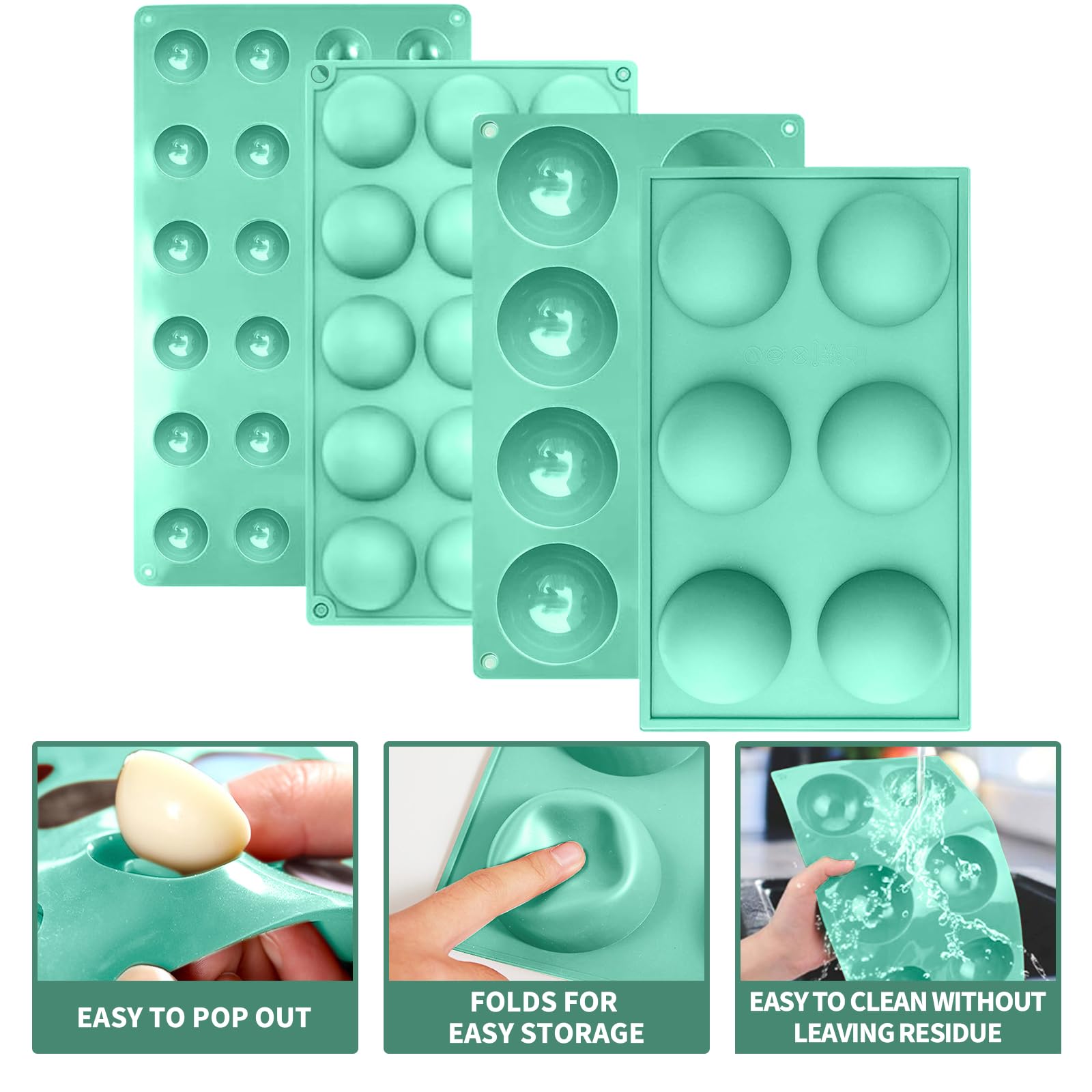 Zorazio Semi Sphere Silicone Chocolate Mold，Half Sphere Silicone Baking Mold,Semi Circular Silicone Mold for Making Chocolate, Cake, Jelly, Dome Mousse (6,8,15,24 Cavity), Green, Z-005