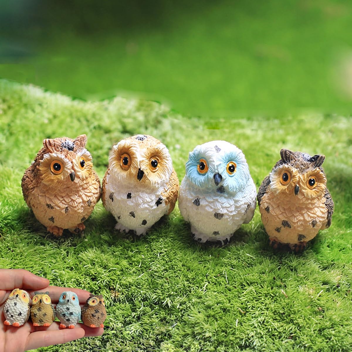 Purple Star Mini Owl Figures 4 Pack Little Owls Ornament Miniature Figurines for Fairy Garden Accessories Mini Resin Animals Figures Tiny for Cake Decorations Owl Gifts White