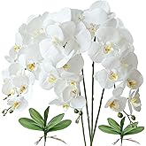 FagusHome 32" Artificial Phalaenopsis Flowers 4 Pcs with 2 Bundles Leaves Artificial Orchid Flowers Stem Plants for Home Décor (White)