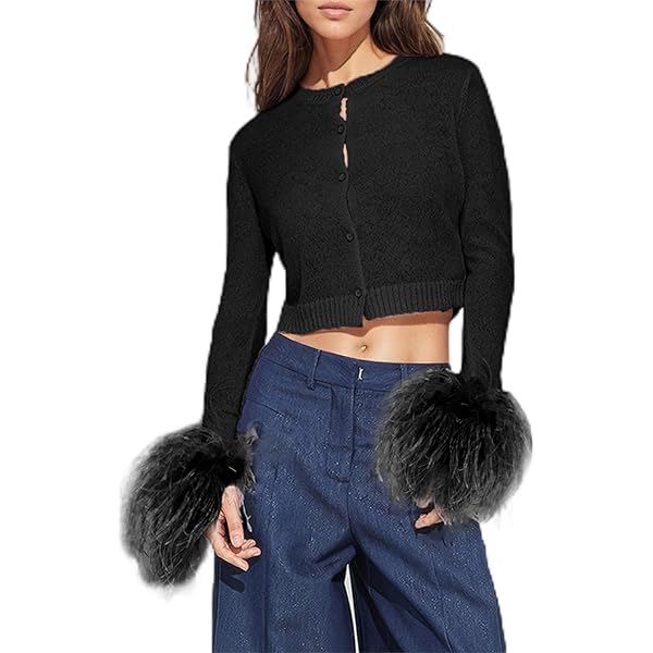 Women Knitted Cropped Cardigan Long Sleeve Feather Trim Button