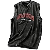 OYOANGLE Men's Letter Graphic Tank Top Vintage Washed Sleeveless Crew Neck Top Streetwear