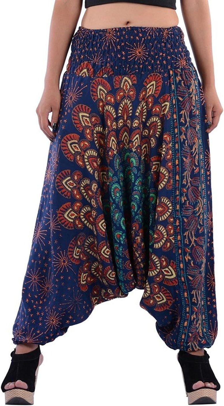 SUKHAM Women's Rayon Mandala Hand Block Print Peacock Alibaba Afghani Trouser Convertible Jumpsuit (SU-0001, Multicolour, Free Size)