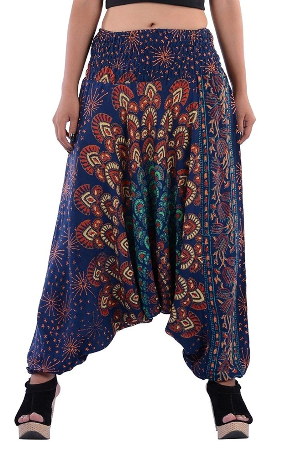 sukham traditional rayon rajasthani mandala hand block print peacock alibaba afghani trouser convertible jumpsuit &ndash; free size