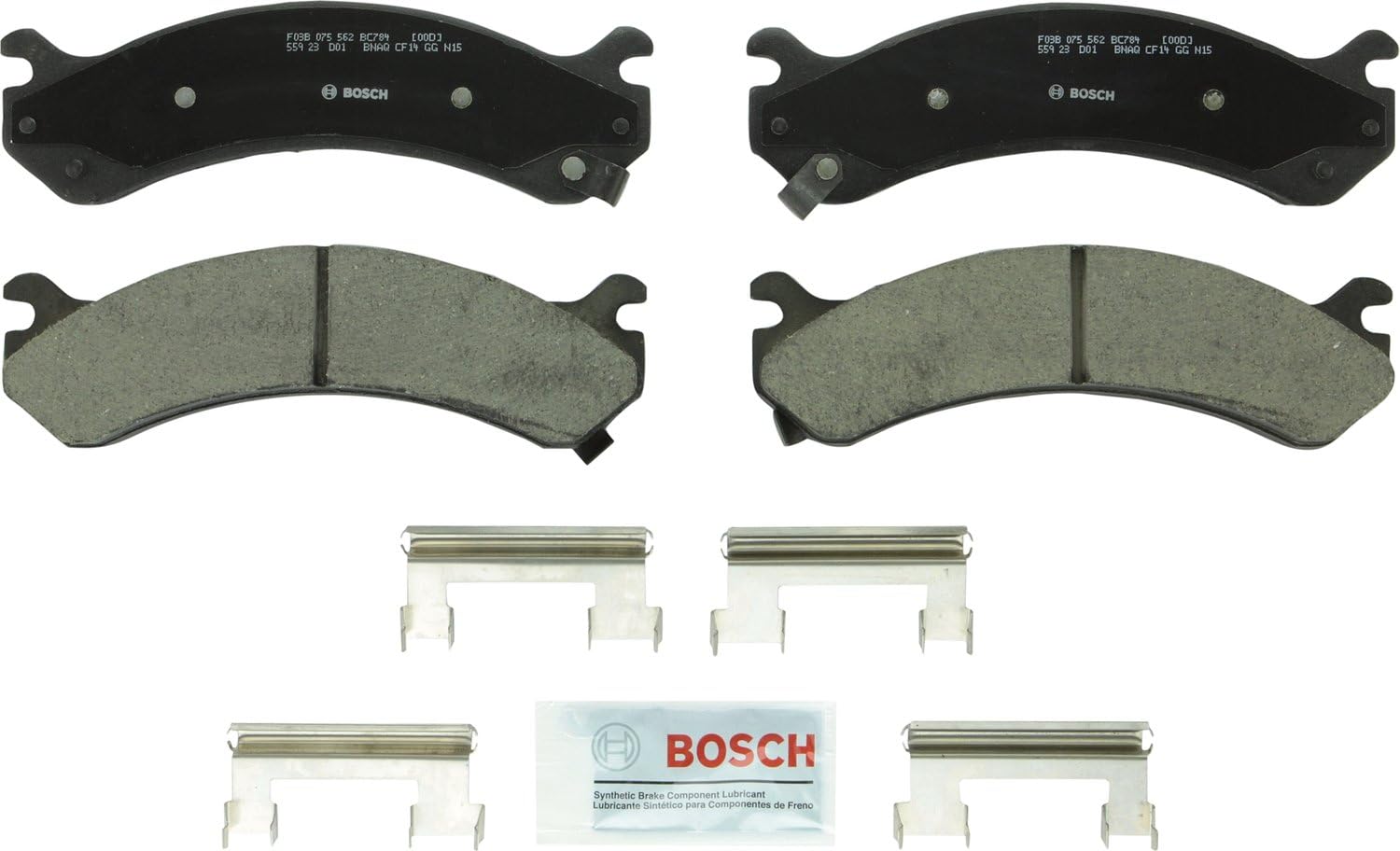 Bosch BC784 QuietCast Premium Ceramic Disc Brake Pad Set For Select Cadillac Escalade; Chevrolet Avalanche, Silverado, Express, Cargo, Suburban; GMC Savana, Sierra, Yukon; Hummer H2 + More; Front