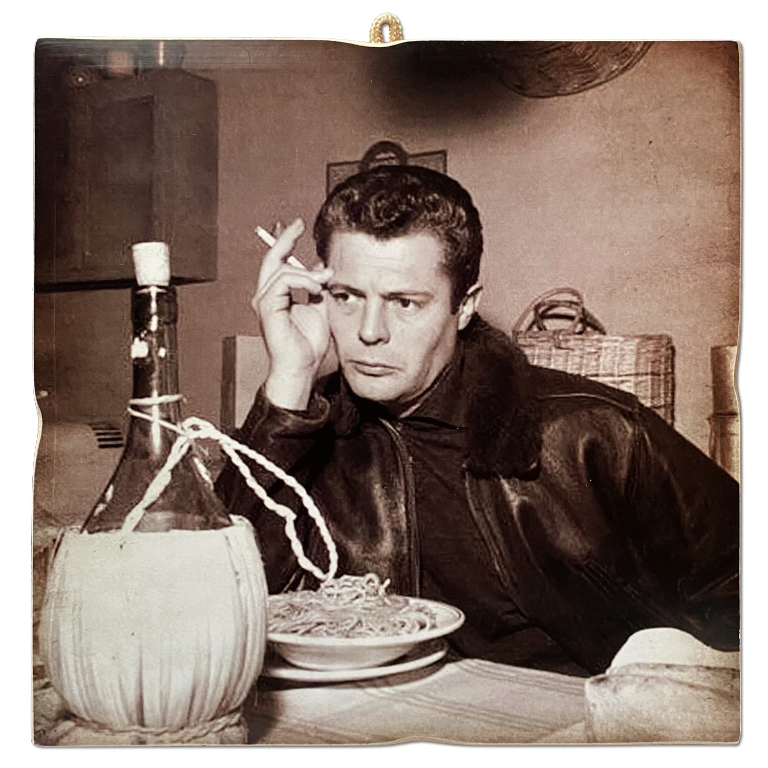 KUSTOM ART CUCUCUBA Picture Picture Vintage Style Series Famous Actors Marcello Mastroianni Print on Wood 23x23 cm.