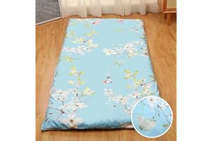 Preboun Futon Mattress Cover with Zipper 84 x 58/80 x 39 Japanese Floor Cushion Tatami Thai Korean Sleep Mats Protector Cover Washable Skin Friendly Without Futon(Flower,Full Size,Blue)