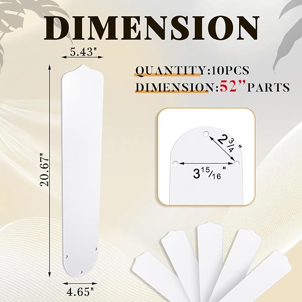LINESHADING 10PCS REPLACEMENT FAN BLADES FOR 42 52 CEILING FAN WATERPROOF WEATHERPROOF BLADES REPLACEMENT FOR BROKEN SUBSTITUTION REPLACING INDOOR OUTDOOR SUMMER(WHITE,52 INCH)