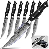 CoquusAid Steak Knives Set of 6, Non Serrated Dinner Knives with Rest | 4.8 Inch, Razor-Sharp, Durable, German Stainless Steel Damascus Pattern Full Tang Forged, Rust Resistant &amp; Easy to Maintain