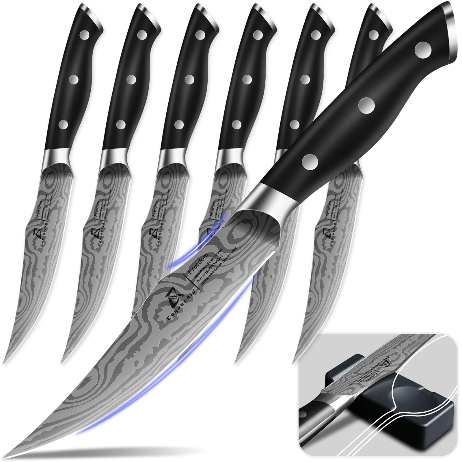 Photo 1 of CoquusAid Steak Knives Set of 6, 4.8 Inch Non Serrated Razor-Sharp Durable Dinner knives with Rest, German Stainless Steel Damascus Pattern Full Tang Forged, Rust Resistant & Easy to Maintain
