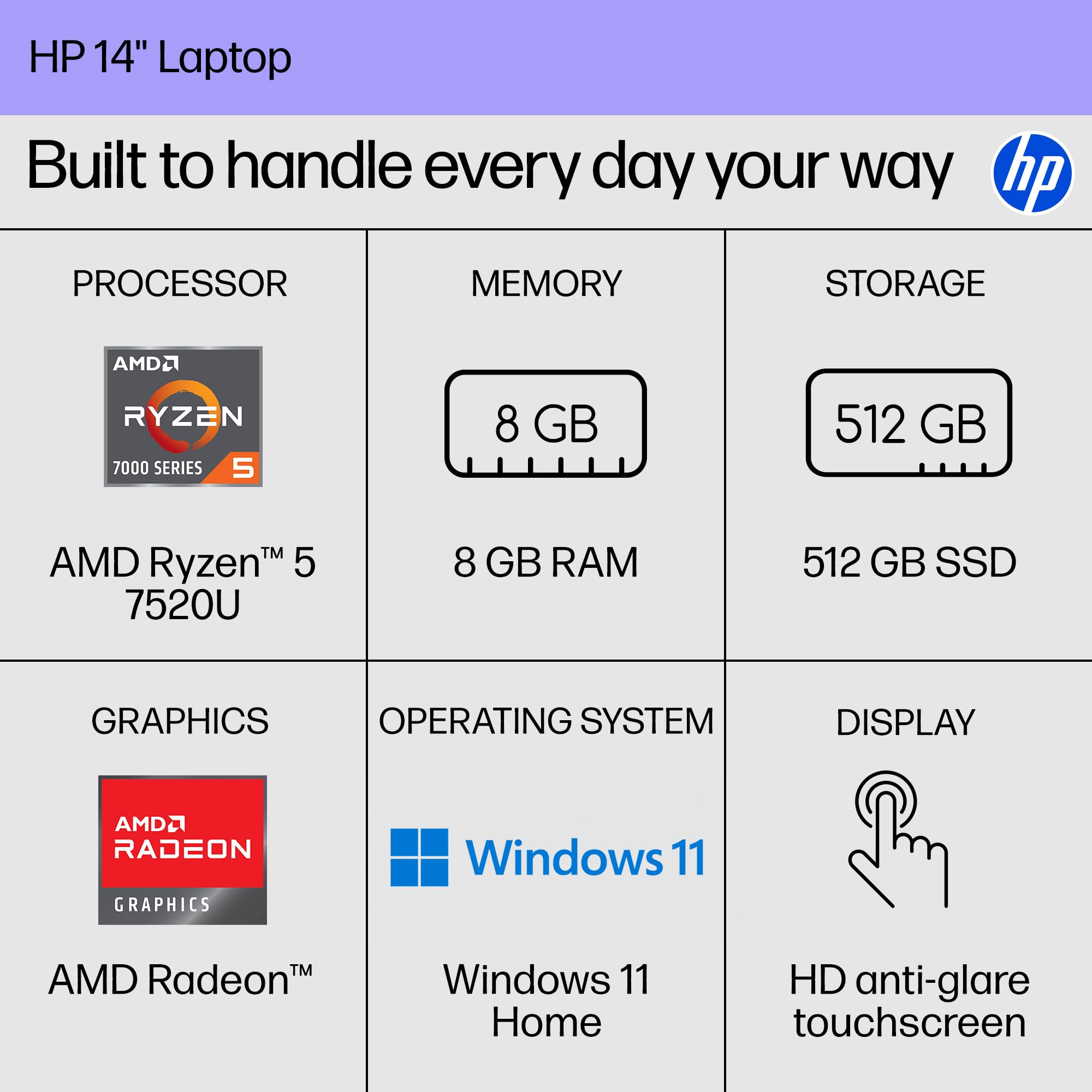 HP 14 inch Laptop, HD Touchscreen Display, AMD Ryzen 5 7520U, 8 GB RAM, 512 GB SSD, AMD Radeon Graphics, Windows 11 Home, Natural Silver, 14-em0499nr