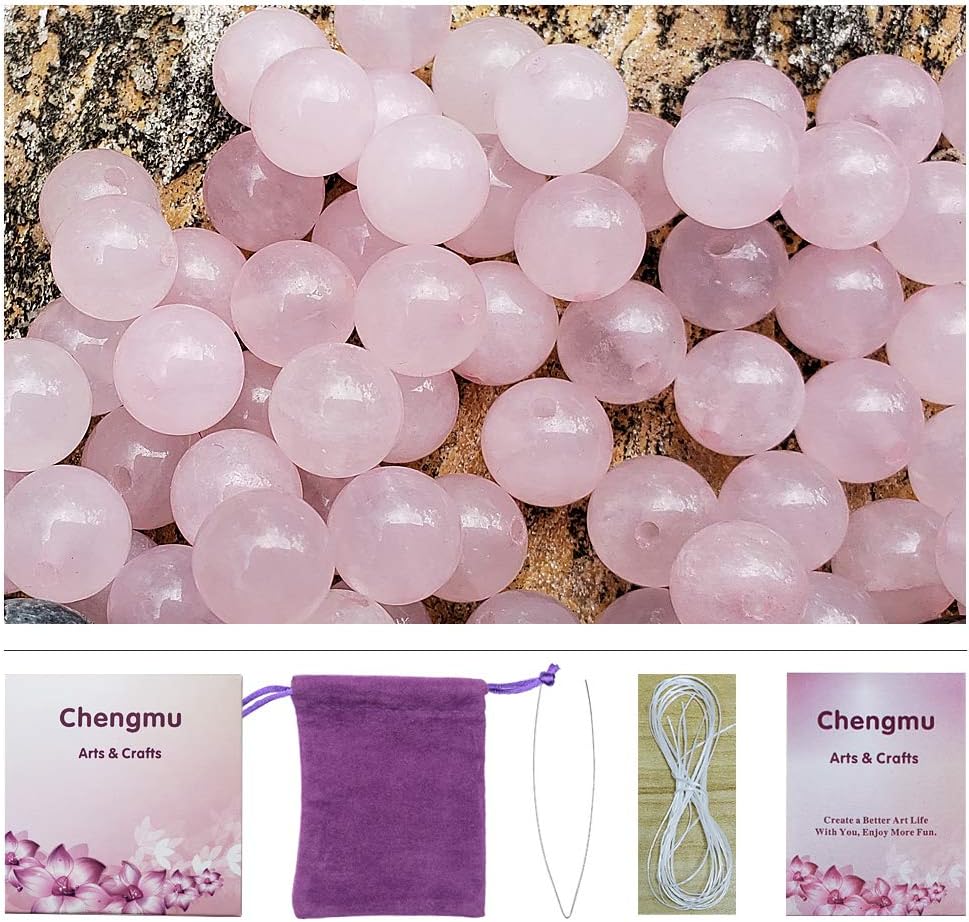 Chengmu 75Pcs 8mm Pink Rose Quartz Beads for Jewelry Making Natural Gemstone Round Loose Stone Spacer Beads Supplies Accessories for Bracelet Necklace with Cord and Jewelry Bag and Red Box
