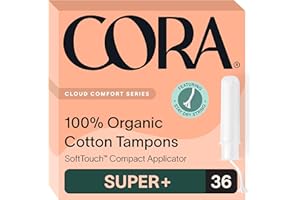 Cora Organic Applicator Tampons | Super Plus Absorbency | 100% Organic Cotton, Unscented, BPA-Free Compact Applicator | Leak Protection | Packaging May Vary | 36 Total