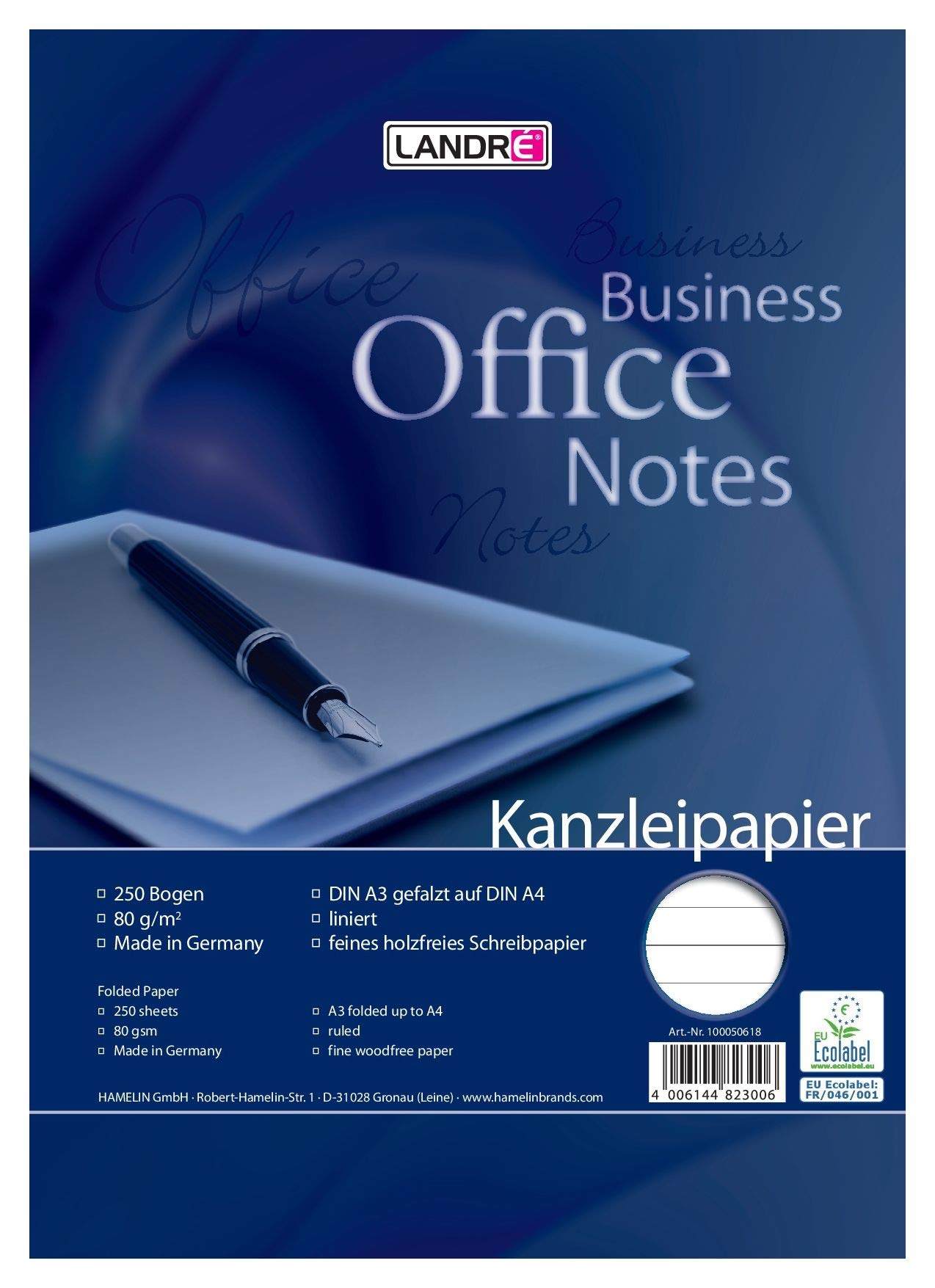 Landre 100050618 Foolscap Paper, DIN A3 Folded to A4, Lined, 80 g/m² Fine, 250 Sheets per Pack Official Paper "Office", DIN A3 Folded to A4, Lined
