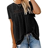 Dokotoo Womens Crewneck Lace Crochet Pom Pom Flowy Short Sleeve Casual Shirts Blouses Tops