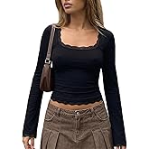 Women Square Neck Lace Long Sleeve Top Y2k Lace Trim Slim Fit Basic Blouse Casual Fall Going Out Trendy Shirts