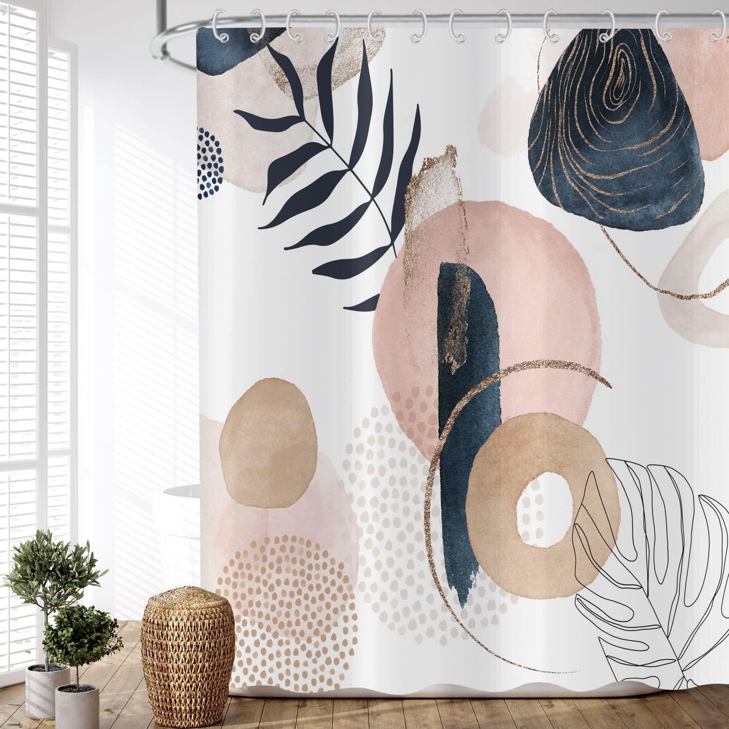 ASDCXZ Boho Shower Curtain 180x180 cm, Waterproof Fabric Shower Curtains, Modern Abstract Art Boho Style Blau Leaves Pink Sun White Outdoor Washable Polyester Bathroom Curtain with 12 Hooks