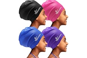 GELTVILRA 4 Pack Kids Extra Large Swim Cap for Long Thick Curly Hair, Waterproof Silicone Swimming Hat Hair Turban Protection Cover for Girls Aged 4 to 16 Boys Braids Dreadlocks Weaves Extensions Afros