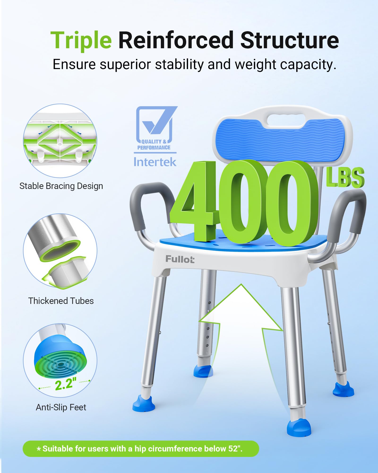 Widened Shower Chair for Inside Shower with Padded Back & Arms,400 lbs Heavy Duty & Adjustable Shower Chair for Elderly and Disabled, Non-Slip Shower Seat, Bath Chair for Tub