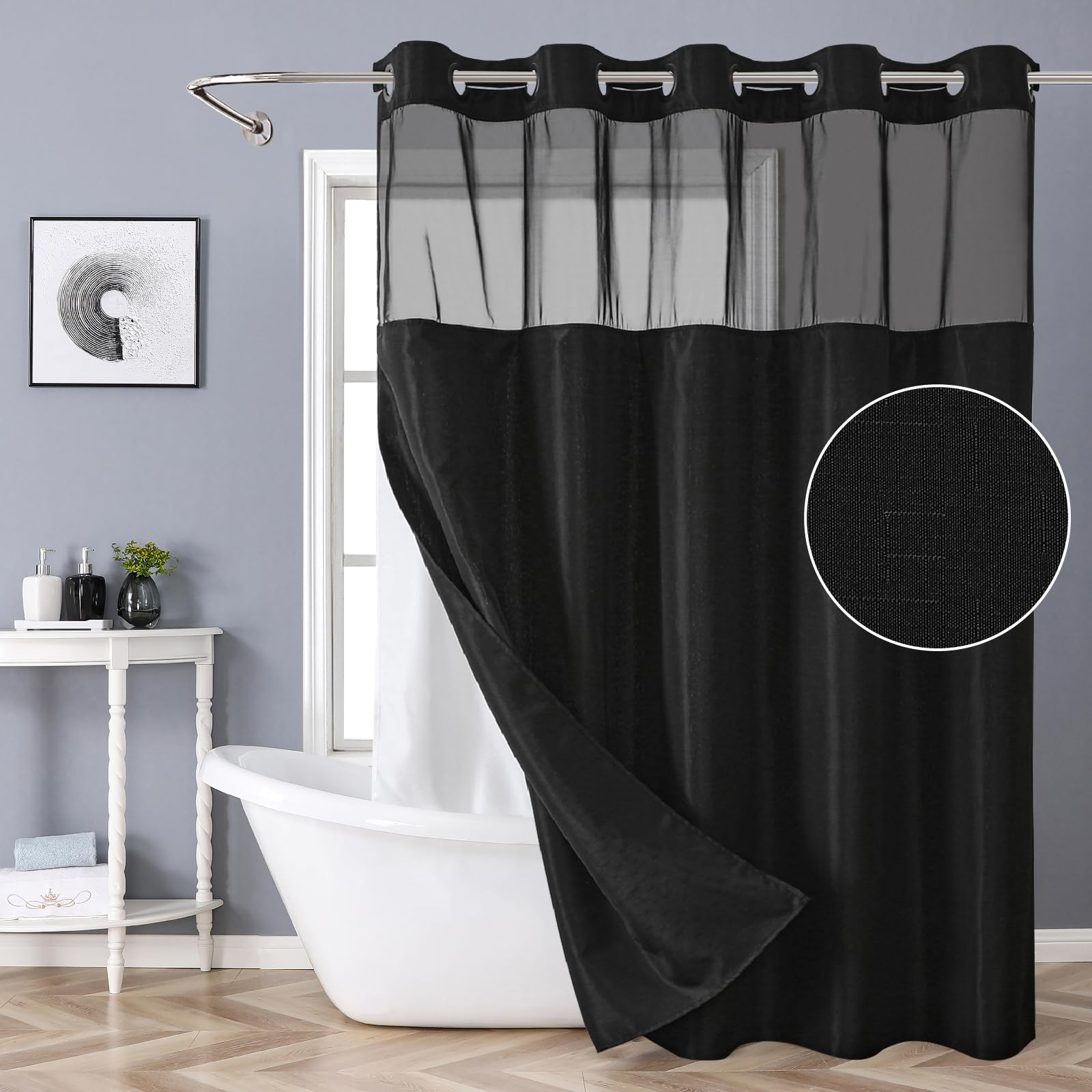 Photo 1 of eachope Black No Hook Shower Curtain with Snap-in Fabric Liner Set,Slub Textured Fabric Shower Curtains for Bathroom,Hotel Style Modern Shower Curtain,Water Repellent & Washable,71x74(72)