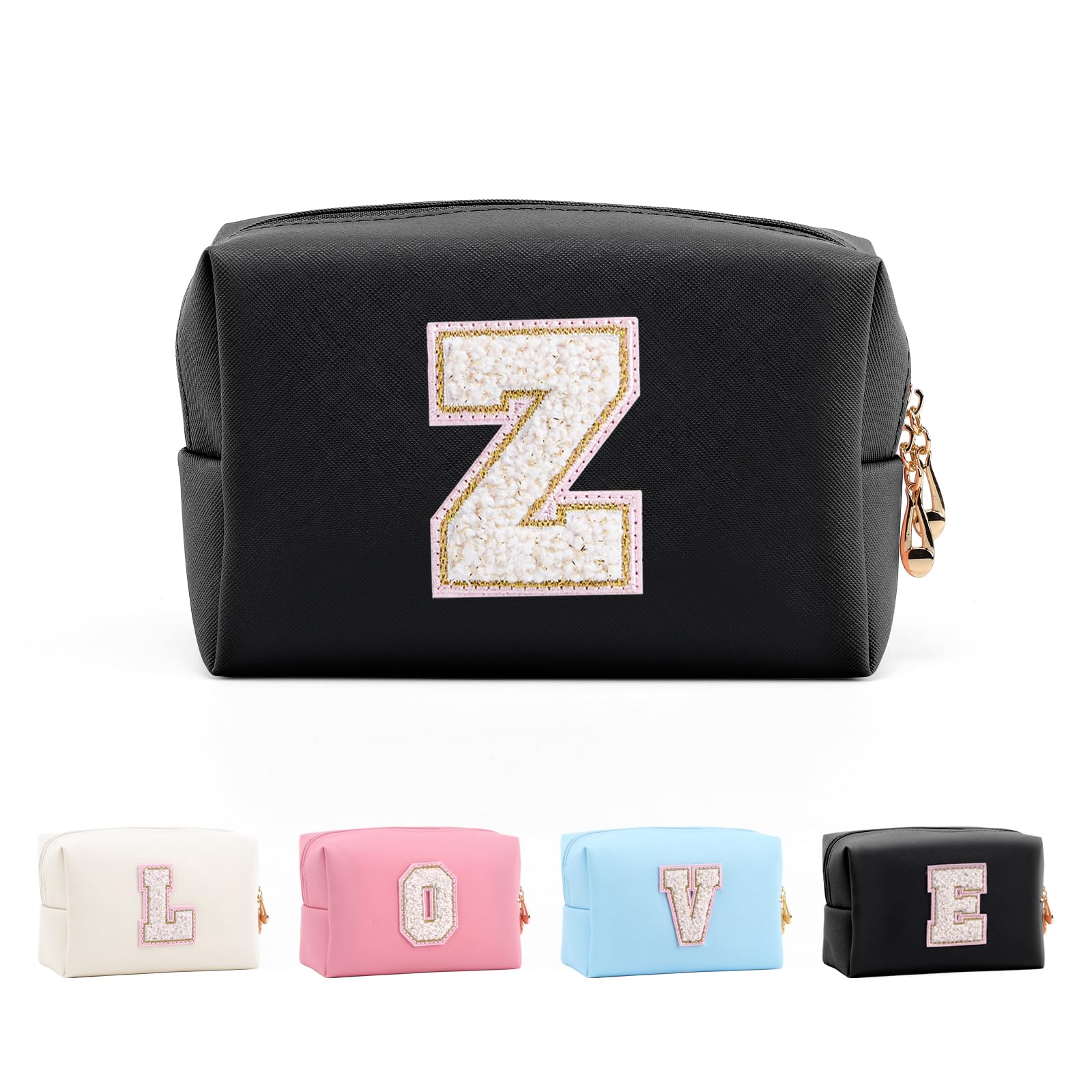Anntry Small Personalized Initial Letter Makeup Bag, Cute Waterproof PU Leather Chenille Letter Cosmetic Bag Travel Makeup Bag, Preppy Makeup Pouch Toiletry Zipper Pouch Organizer for Women and Girls