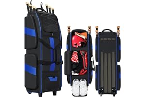 ALEEMIN Rolling Baseball Catchers Bag Lacrosse Roller Bag with Wheels, Lacrosse Bag Rolling Catchers Bag for Baseball Lacrosse Softball, Baseball Catcher Roller Soft Bag with Separate Shoe Compartment