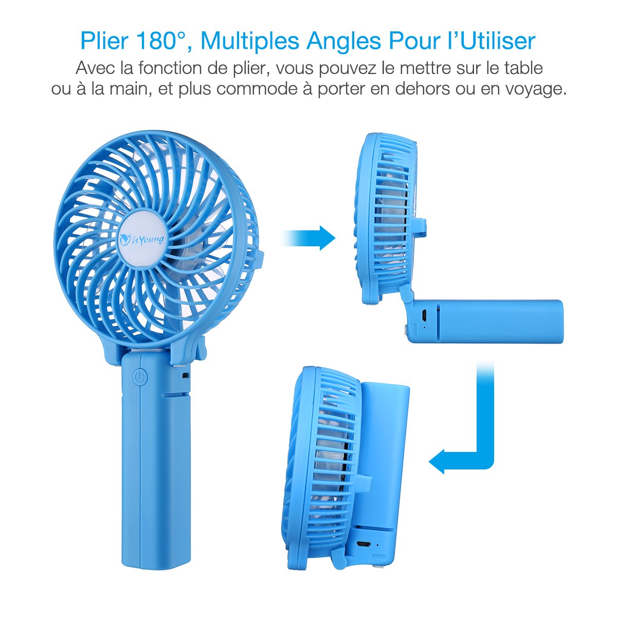 isYoung Pliable Ventilateur Portatif Mini USB Rechargeable avec 18650 Li-Ion Batterie 2200mah pour Camping , Bureau , Sport, Voyage en Été - Bleu
