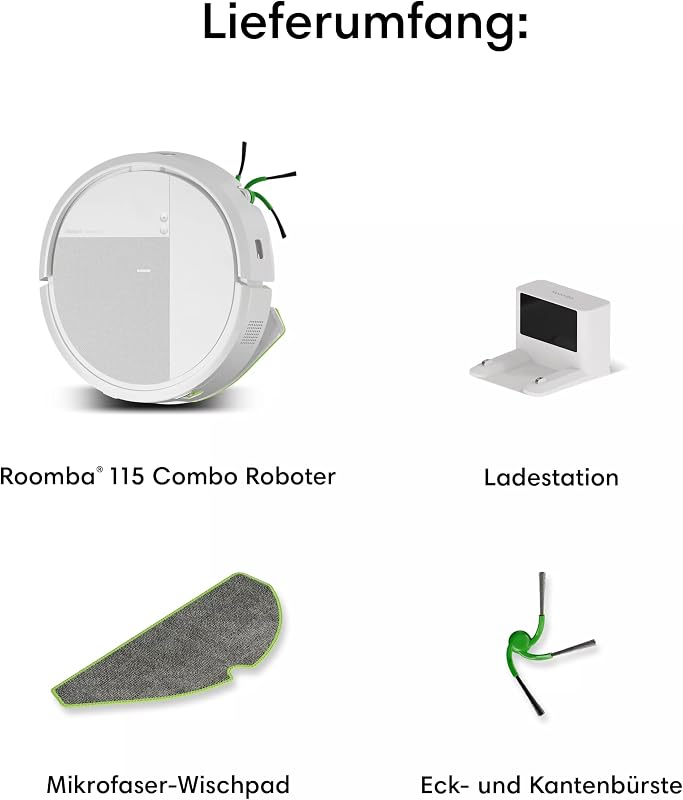 Roomba® 115 Combo Saug- und Wischroboter, 15k Pa Saugleistung, Bürsten und Wischpad reichen, Navigation mit Clearview™ LiDAR, Weiß