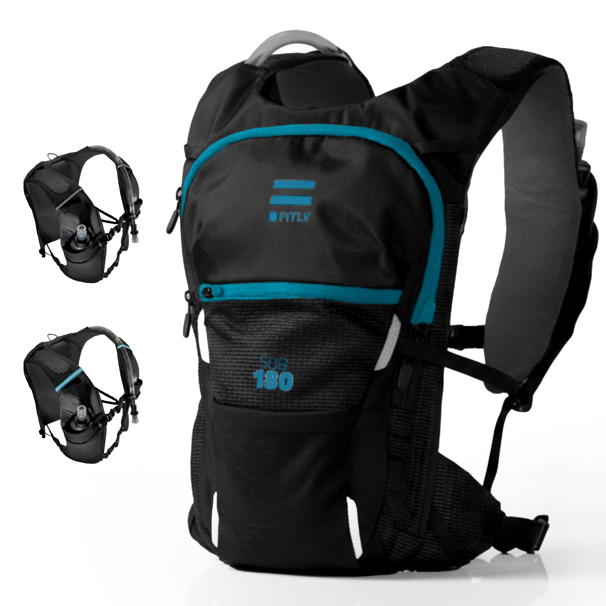FITLY Sub180 Adventure Running Pack Hydration Vest - BLUE - Trail Running Water Vest - 4 Pockets, 1.1L Bladder, 250ml Soft Flask - Anti-Sway Vest For Men & Women - Running Gear One Size Fits All