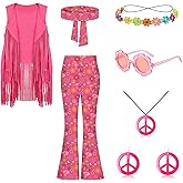 kooirsp 60s 70s Outfits for Kids Girls 7 Pcs Hippie Costume Set Fringe Vest Peace Flared Pants Accessories Set for Halloween
