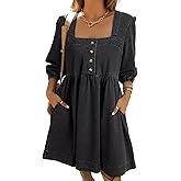 Sidefeel Women's Spring Outfit Denim Dress 3/4 Sleeve Loose Fit Square Neck Summer Jean Dresses with Pockets