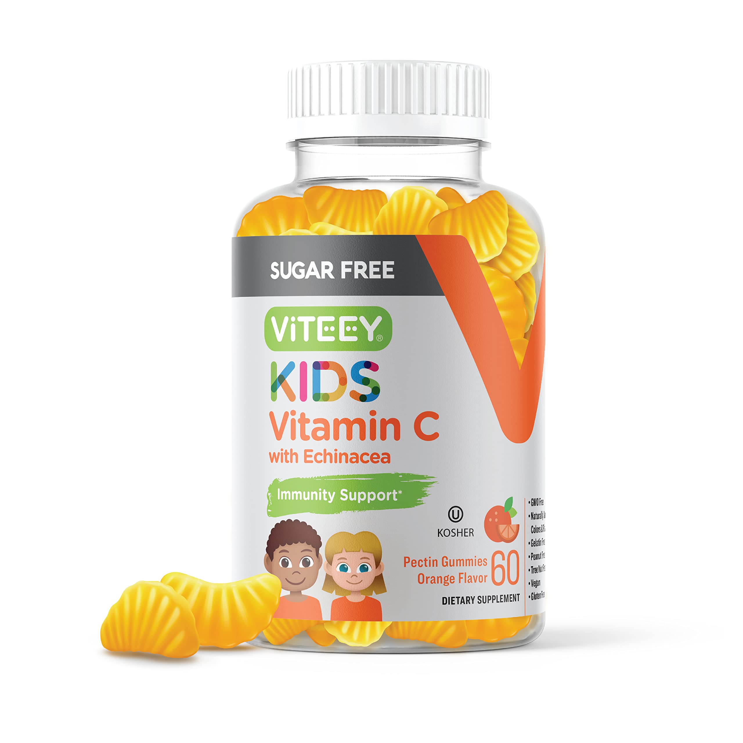 Viteey Kids Vitamin C Gummies 75mg, with Echinacea - Sugar Free - Immune Support for Toddlers, & Teens - Vegan, Gelatin Free, Gluten Free, GMO Free - Tasty Orange Flavored Kids Immunity Gummy