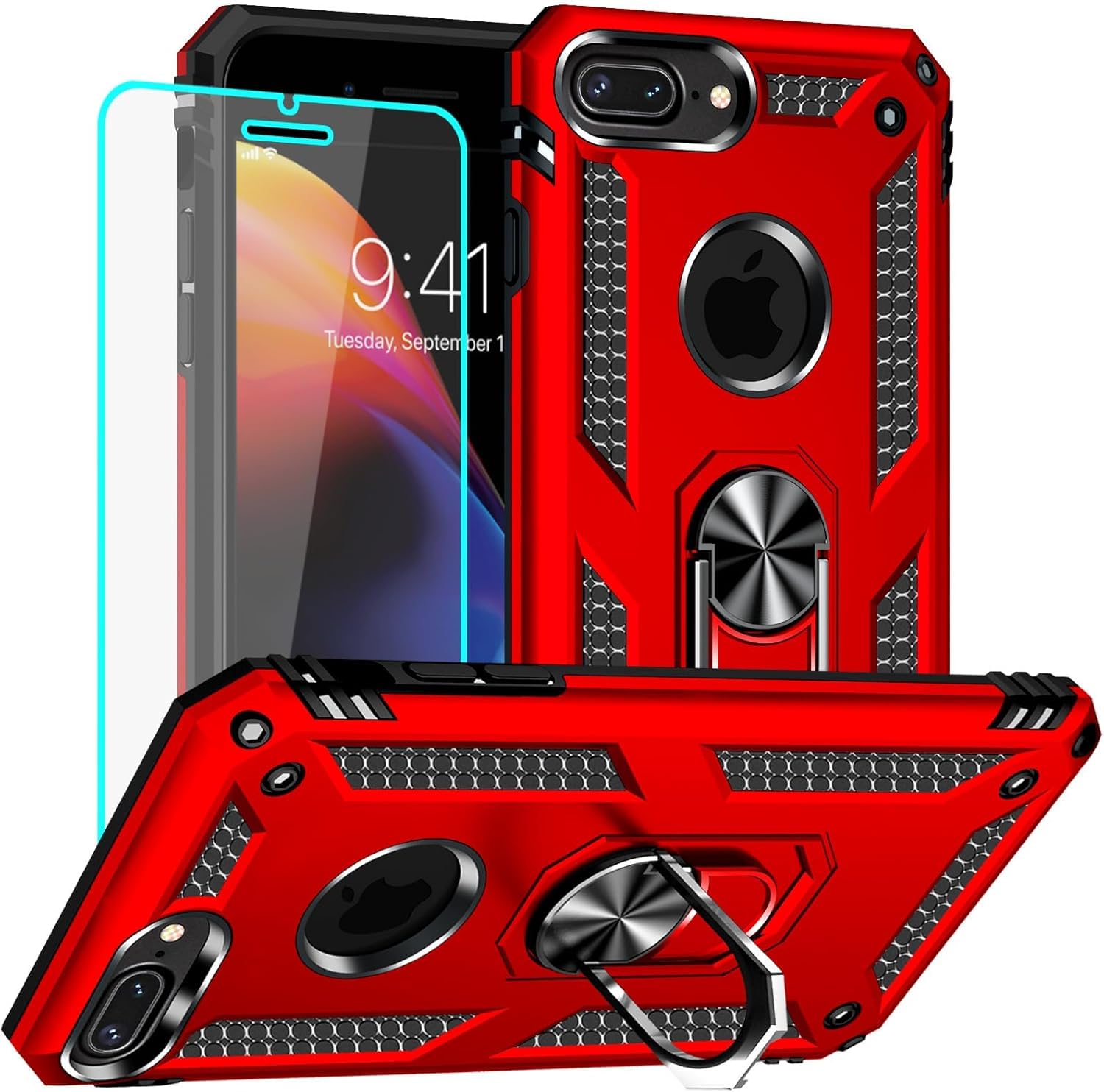 Yiakeng for iPhone 8 Plus Case with Screen Protector, Military Grade Protective Phone Cover with Ring Holder Kickstand for iPhone 7 Plus / 8 Plus (Red) โ image 1