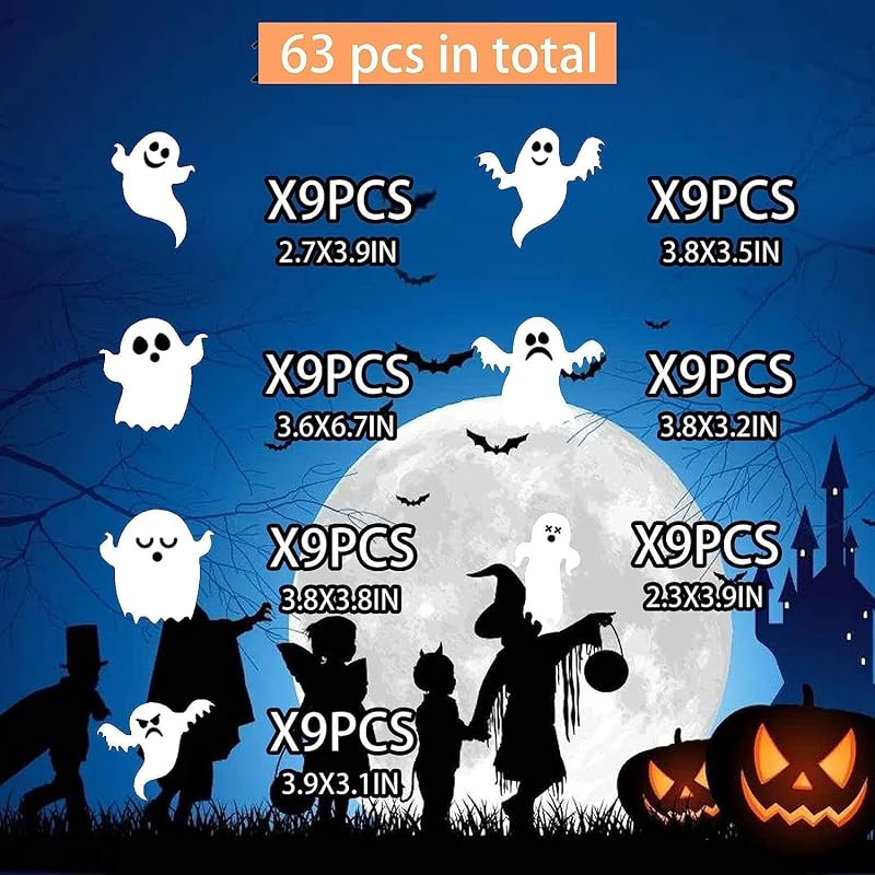 63 Peças Decoração de Fantasmas de Halloween Autocolantes 3D de Fantasmas de Halloween Brancos Ornamentos de Parede para Decorações de Parede Festa de Janela