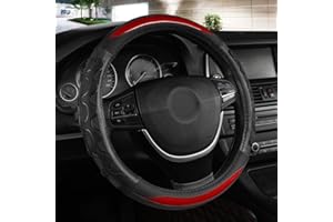 Black Panther Luxury Leather Car Steering Wheel Cover with 3D Honeycomb Hole Anti-Slip Design, 15 Inch Universal - Red