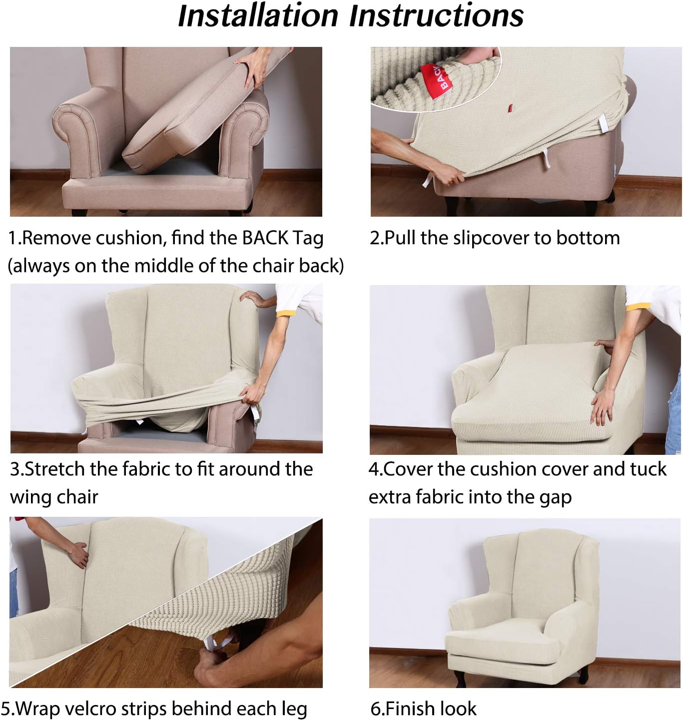 Turquoize Stretch Wing Chair Slipcover Wingback Armchair Chair Sofa Cover Furniture Protector 2-Piece with Elastic Bottom Anti-Slip Foam Kids Jacquard Fabric Small Checks (Wing Chair, Biscotti Beige): Furniture & Decor