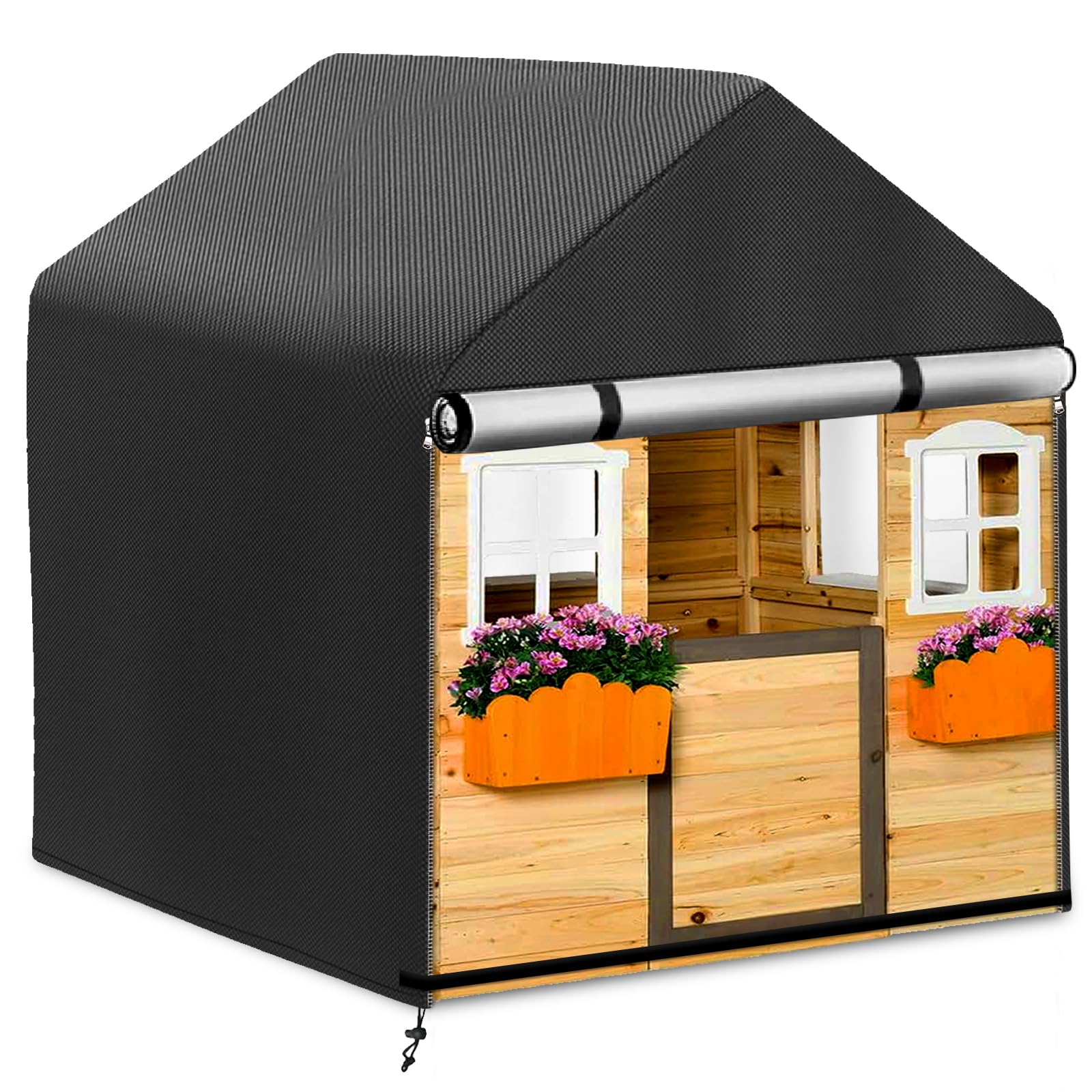 Outdoor Playhouse Cover - Waterproof, Windproof, 420D, Black (134 x 131 x 135 cm) with Drawstring and Zip Buckles
